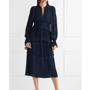 NWT Tory Burch Stella Navy Pleated Tiered Chiffon Midi Dress